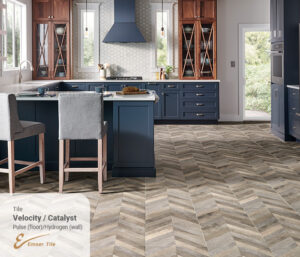 Patterned tile flooring in a trendy kitchen